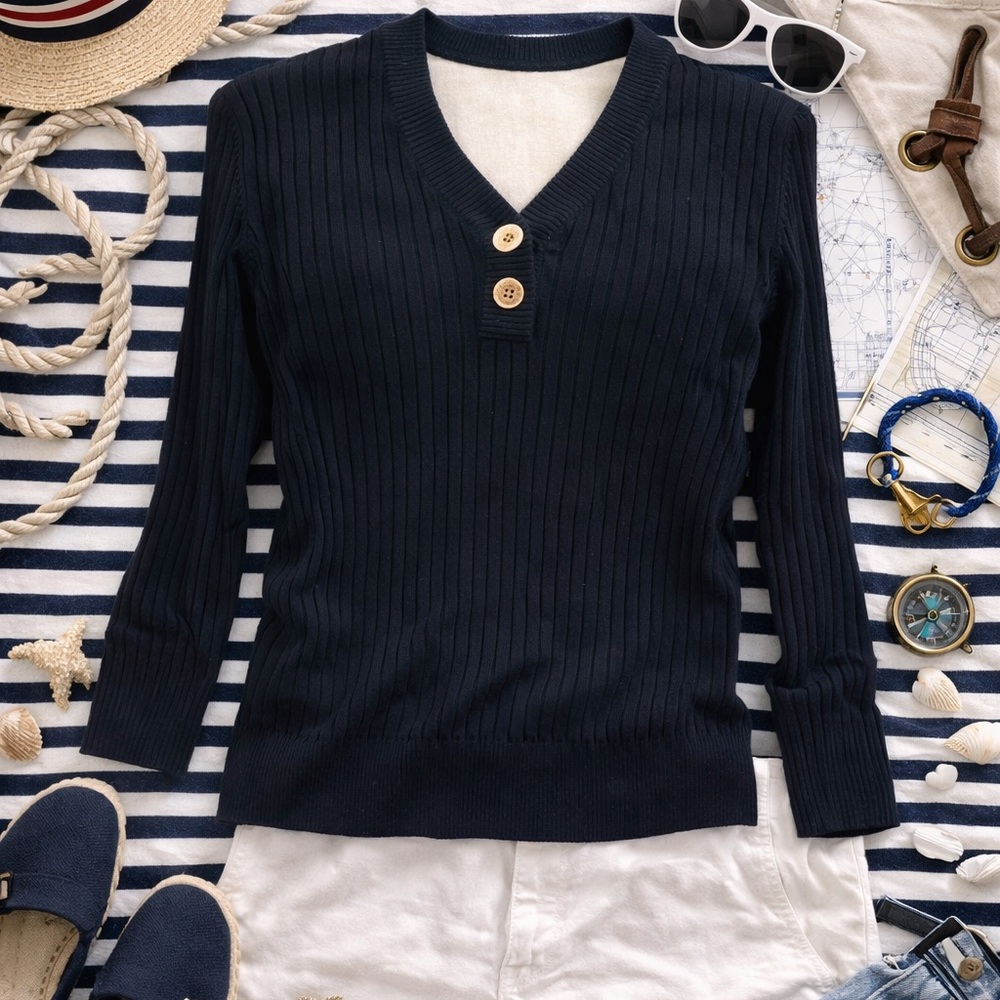 Lauren Jeans Co. Sweater Womens P/L‎ Navy Blue Ribbed Henley Nautical Preppy